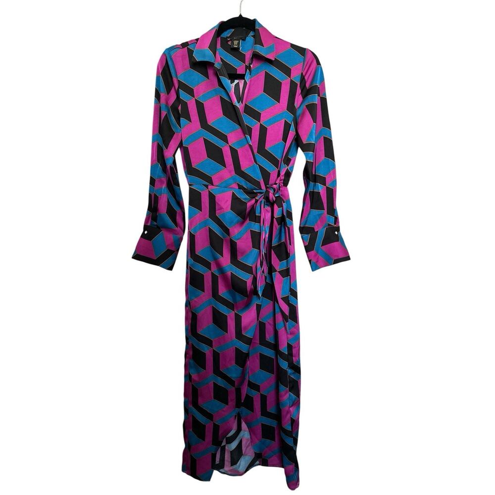 House of Harlow Geometric PrintLong Sleeve Satin Wrap Dress Size XS